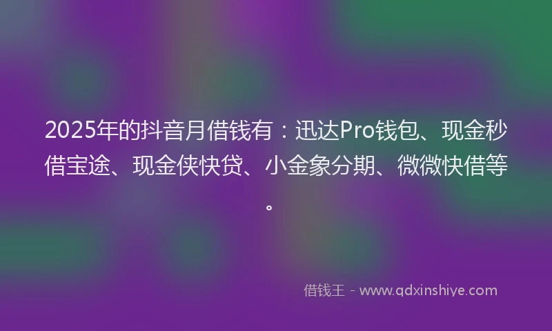 2025年的抖音月借钱有：迅达Pro钱包、现金秒借宝途、现金侠快贷、小金象分期、微微快借等。