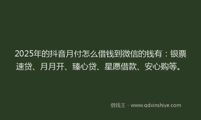 2025年的抖音月付怎么借钱到微信的钱有：银票速贷、月月开、臻心贷、星愿借款、安心购等。