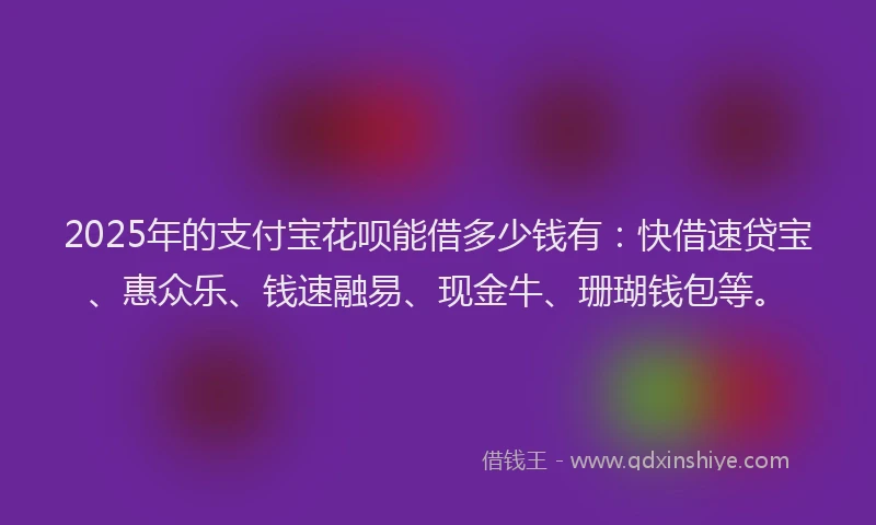 2025年的支付宝花呗能借多少钱有：快借速贷宝、惠众乐、钱速融易、现金牛、珊瑚钱包等。