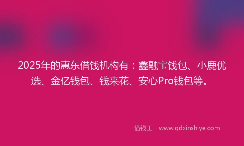 2025年的惠东借钱机构有：鑫融宝钱包、小鹿优选、金亿钱包、钱来花、安心Pro钱包等。