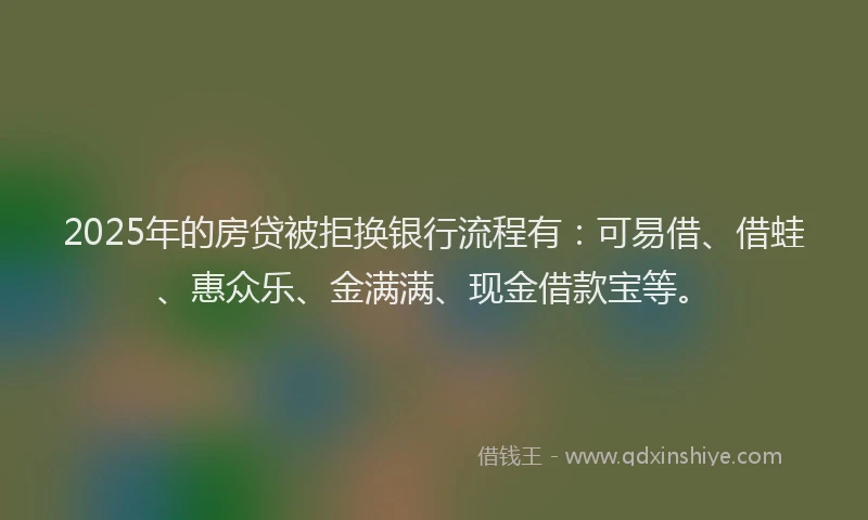 2025年的房贷被拒换银行流程有：可易借、借蛙、惠众乐、金满满、现金借款宝等。