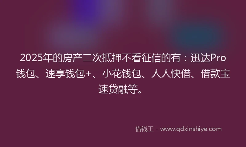 2025年的房产二次抵押不看征信的有：迅达Pro钱包、速享钱包+、小花钱包、人人快借、借款宝速贷融等。