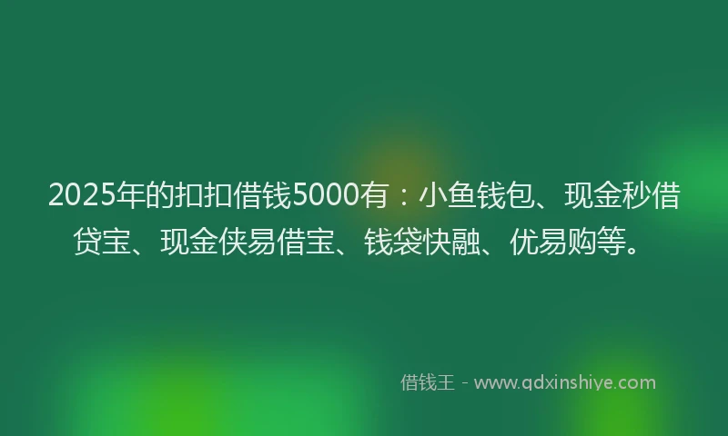 2025年的扣扣借钱5000有：小鱼钱包、现金秒借贷宝、现金侠易借宝、钱袋快融、优易购等。