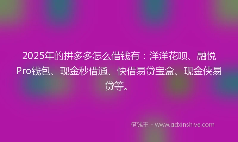 2025年的拼多多怎么借钱有：洋洋花呗、融悦Pro钱包、现金秒借通、快借易贷宝盒、现金侠易贷等。