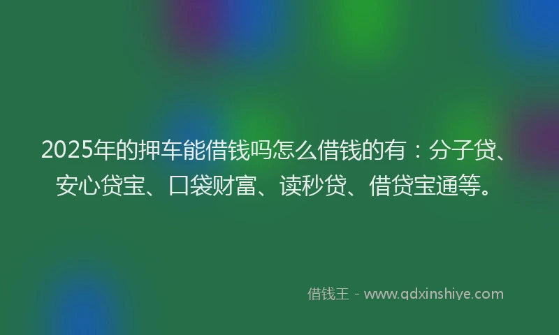 2025年的押车能借钱吗怎么借钱的有：分子贷、安心贷宝、口袋财富、读秒贷、借贷宝通等。