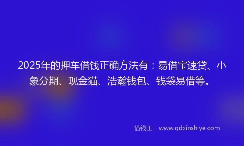 2025年的押车借钱正确方法有：易借宝速贷、小象分期、现金猫、浩瀚钱包、钱袋易借等。