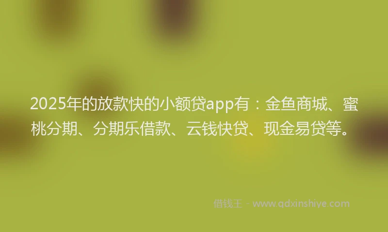 2025年的放款快的小额贷app有：金鱼商城、蜜桃分期、分期乐借款、云钱快贷、现金易贷等。