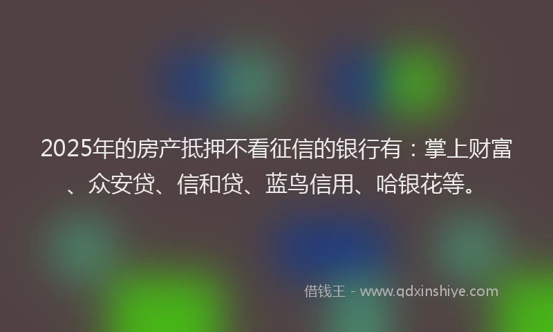 2025年的房产抵押不看征信的银行有：掌上财富、众安贷、信和贷、蓝鸟信用、哈银花等。