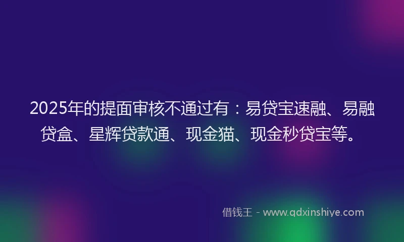 2025年的提面审核不通过有：易贷宝速融、易融贷盒、星辉贷款通、现金猫、现金秒贷宝等。