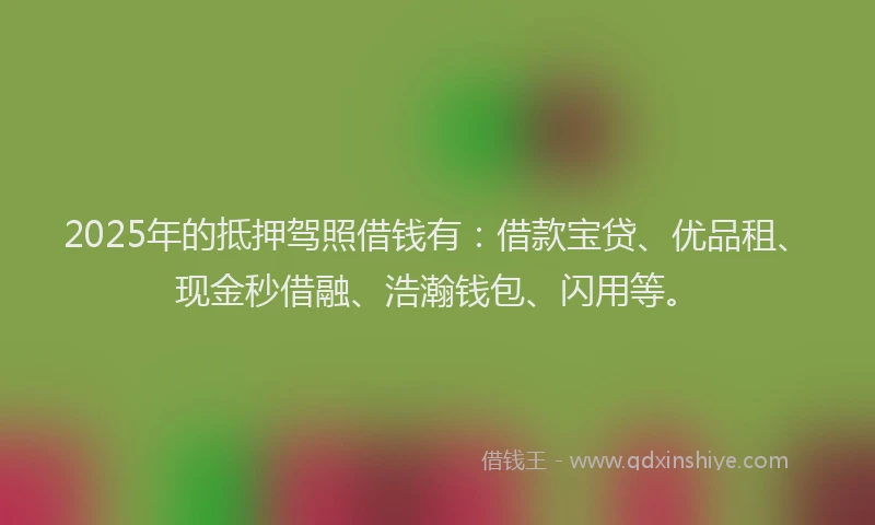2025年的抵押驾照借钱有：借款宝贷、优品租、现金秒借融、浩瀚钱包、闪用等。