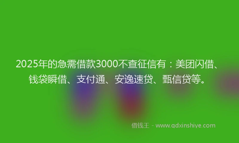 2025年的急需借款3000不查征信有：美团闪借、钱袋瞬借、支付通、安逸速贷、甄信贷等。