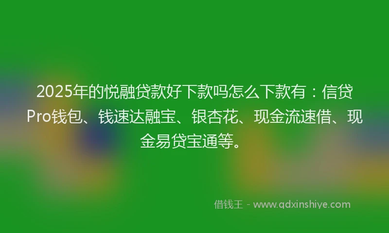 2025年的悦融贷款好下款吗怎么下款有：信贷Pro钱包、钱速达融宝、银杏花、现金流速借、现金易贷宝通等。