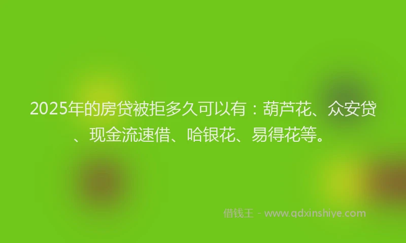2025年的房贷被拒多久可以有：葫芦花、众安贷、现金流速借、哈银花、易得花等。