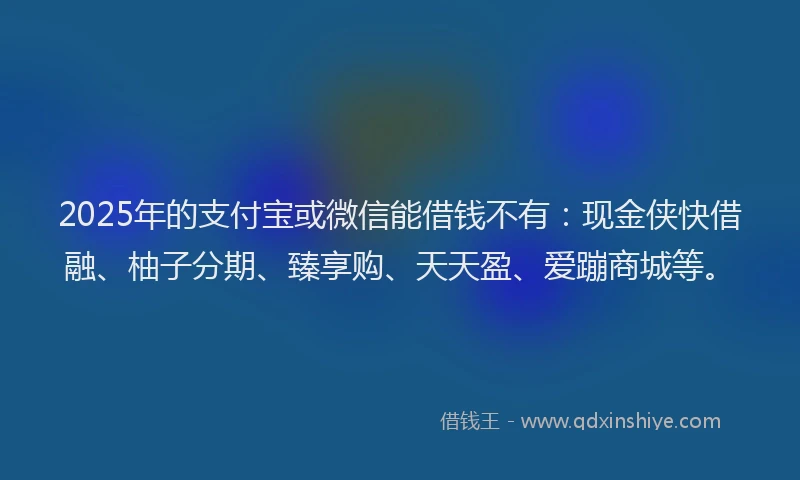 2025年的支付宝或微信能借钱不有：现金侠快借融、柚子分期、臻享购、天天盈、爱蹦商城等。
