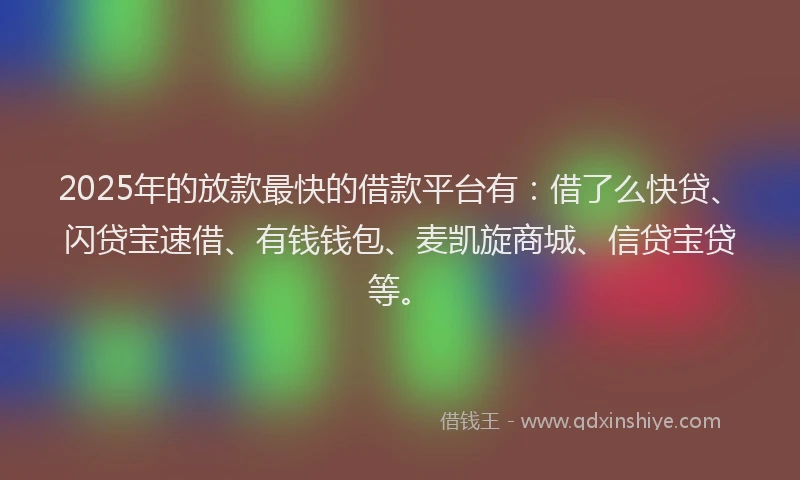 2025年的放款最快的借款平台有：借了么快贷、闪贷宝速借、有钱钱包、麦凯旋商城、信贷宝贷等。