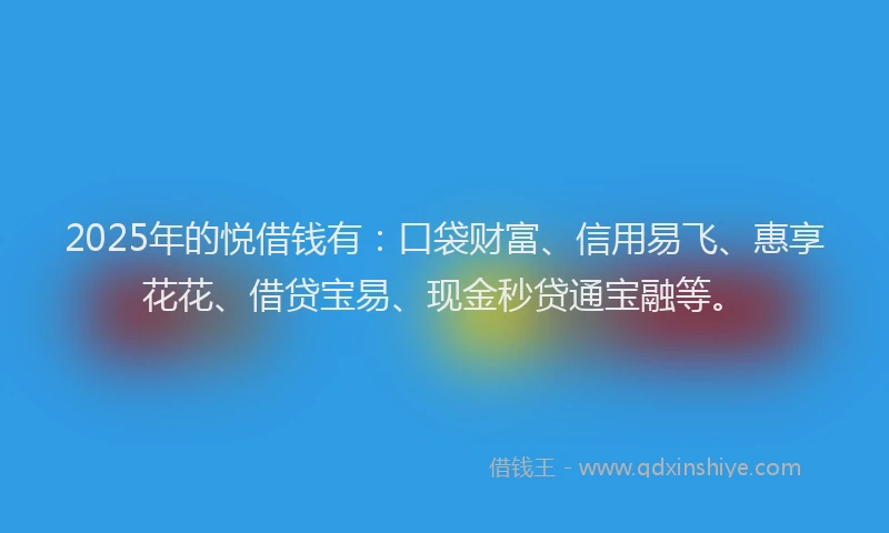 2025年的悦借钱有：口袋财富、信用易飞、惠享花花、借贷宝易、现金秒贷通宝融等。