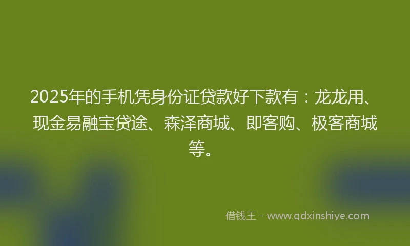 2025年的手机凭身份证贷款好下款有：龙龙用、现金易融宝贷途、森泽商城、即客购、极客商城等。