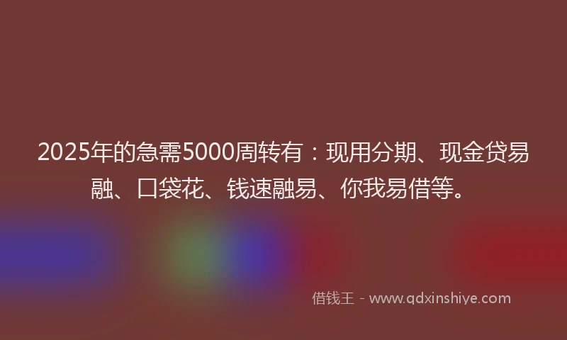 2025年的急需5000周转有：现用分期、现金贷易融、口袋花、钱速融易、你我易借等。