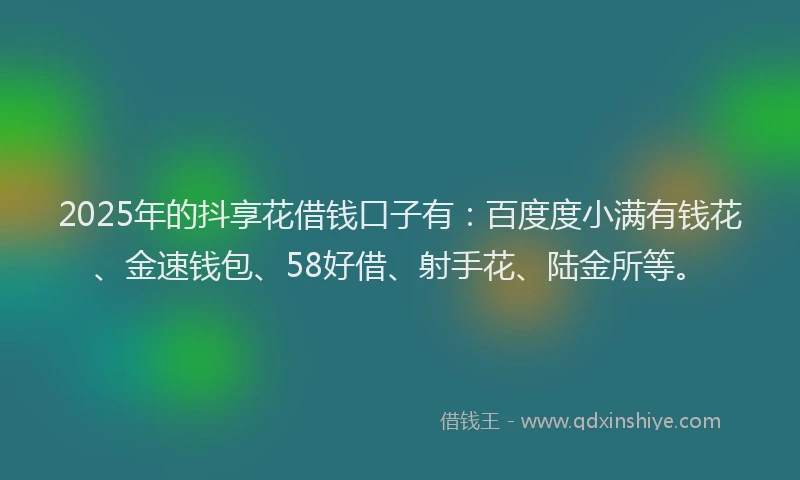 2025年的抖享花借钱口子有：百度度小满有钱花、金速钱包、58好借、射手花、陆金所等。