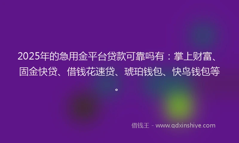 2025年的急用金平台贷款可靠吗有：掌上财富、固金快贷、借钱花速贷、琥珀钱包、快鸟钱包等。