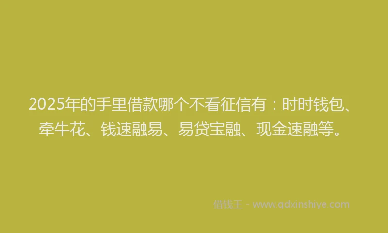 2025年的手里借款哪个不看征信有：时时钱包、牵牛花、钱速融易、易贷宝融、现金速融等。