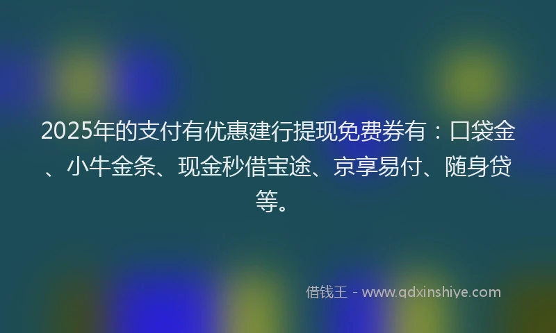 2025年的支付有优惠建行提现免费券有：口袋金、小牛金条、现金秒借宝途、京享易付、随身贷等。