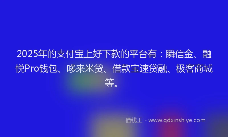 2025年的支付宝上好下款的平台有：瞬信金、融悦Pro钱包、哆来米贷、借款宝速贷融、极客商城等。