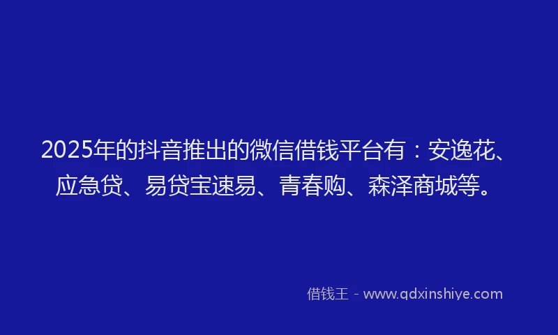 2025年的抖音推出的微信借钱平台有：安逸花、应急贷、易贷宝速易、青春购、森泽商城等。