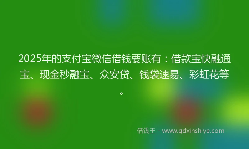 2025年的支付宝微信借钱要账有：借款宝快融通宝、现金秒融宝、众安贷、钱袋速易、彩虹花等。