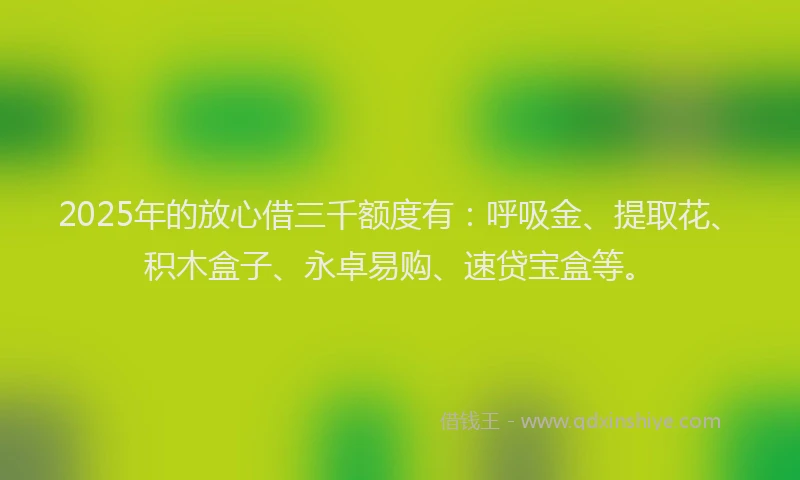 2025年的放心借三千额度有：呼吸金、提取花、积木盒子、永卓易购、速贷宝盒等。