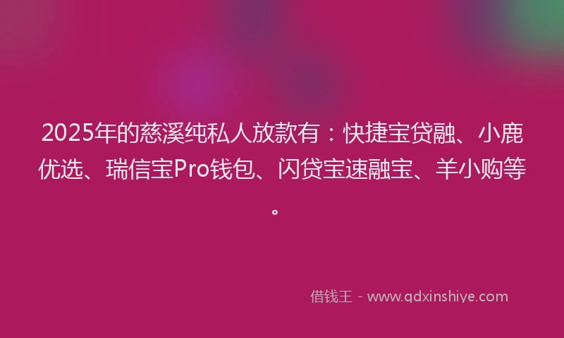 2025年的慈溪纯私人放款有：快捷宝贷融、小鹿优选、瑞信宝Pro钱包、闪贷宝速融宝、羊小购等。