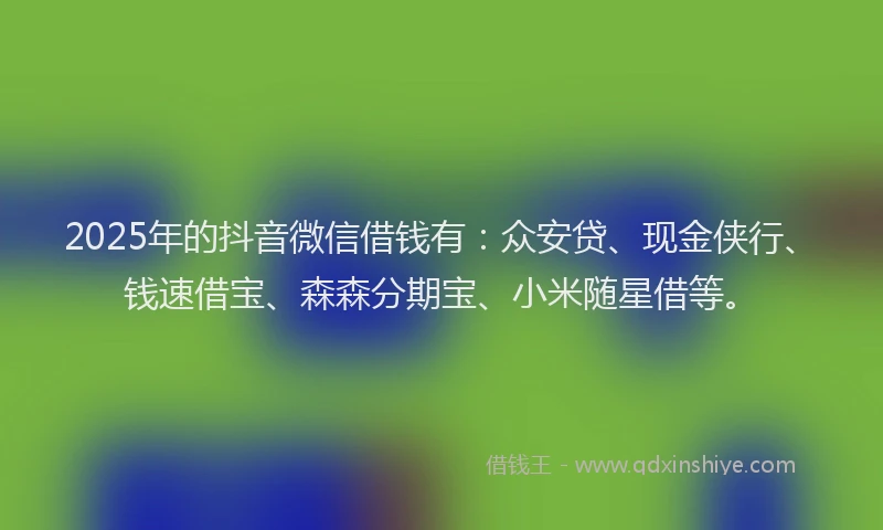 2025年的抖音微信借钱有：众安贷、现金侠行、钱速借宝、森森分期宝、小米随星借等。