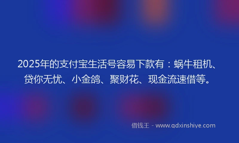 2025年的支付宝生活号容易下款有：蜗牛租机、贷你无忧、小金鸽、聚财花、现金流速借等。