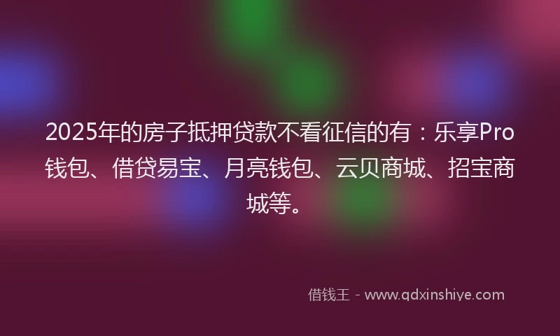 2025年的房子抵押贷款不看征信的有：乐享Pro钱包、借贷易宝、月亮钱包、云贝商城、招宝商城等。