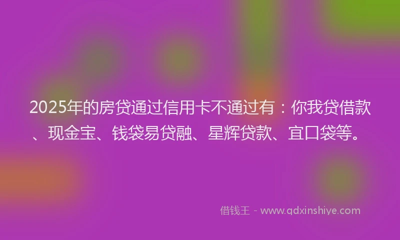2025年的房贷通过信用卡不通过有：你我贷借款、现金宝、钱袋易贷融、星辉贷款、宜口袋等。