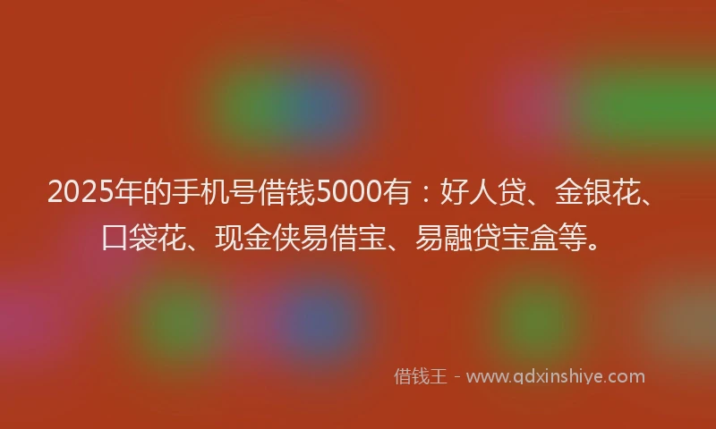 2025年的手机号借钱5000有：好人贷、金银花、口袋花、现金侠易借宝、易融贷宝盒等。