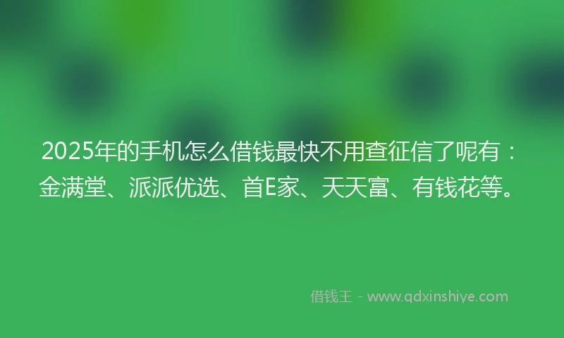 2025年的手机怎么借钱最快不用查征信了呢有：金满堂、派派优选、首E家、天天富、有钱花等。