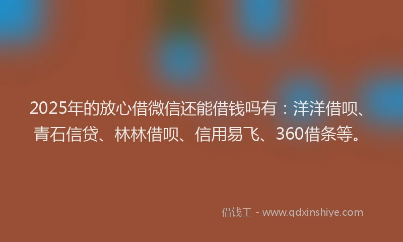 2025年的放心借微信还能借钱吗有：洋洋借呗、青石信贷、林林借呗、信用易飞、360借条等。