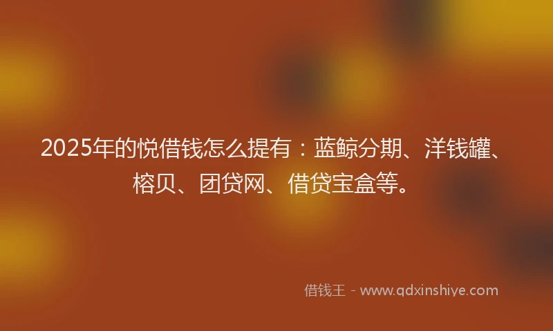 2025年的悦借钱怎么提有：蓝鲸分期、洋钱罐、榕贝、团贷网、借贷宝盒等。