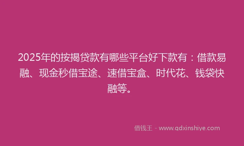 2025年的按揭贷款有哪些平台好下款有：借款易融、现金秒借宝途、速借宝盒、时代花、钱袋快融等。
