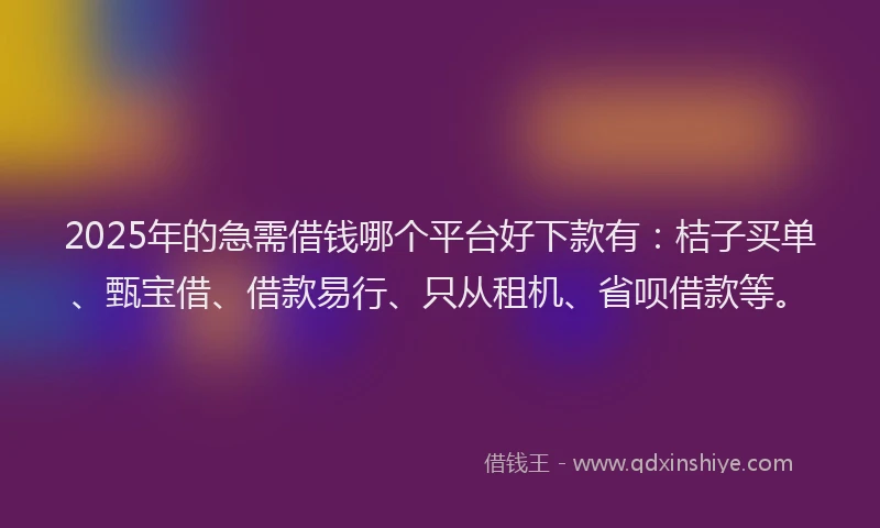 2025年的急需借钱哪个平台好下款有：桔子买单、甄宝借、借款易行、只从租机、省呗借款等。