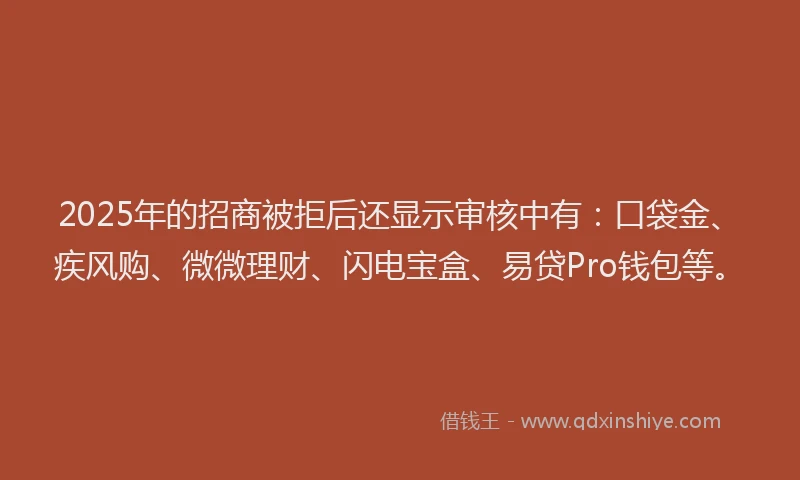 2025年的招商被拒后还显示审核中有：口袋金、疾风购、微微理财、闪电宝盒、易贷Pro钱包等。