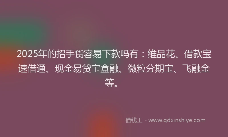 2025年的招手货容易下款吗有：维品花、借款宝速借通、现金易贷宝盒融、微粒分期宝、飞融金等。