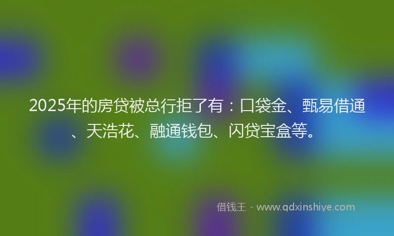 2025年的房贷被总行拒了有：口袋金、甄易借通、天浩花、融通钱包、闪贷宝盒等。