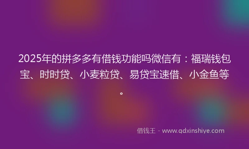 2025年的拼多多有借钱功能吗微信有：福瑞钱包宝、时时贷、小麦粒贷、易贷宝速借、小金鱼等。