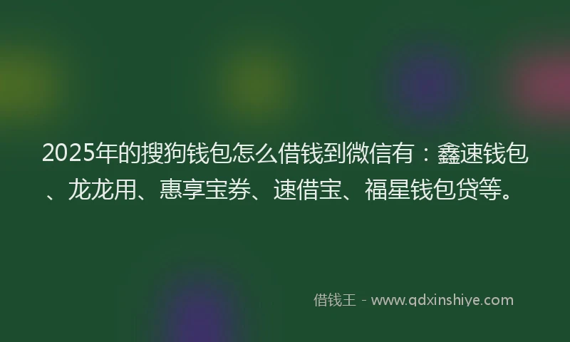 2025年的搜狗钱包怎么借钱到微信有：鑫速钱包、龙龙用、惠享宝券、速借宝、福星钱包贷等。