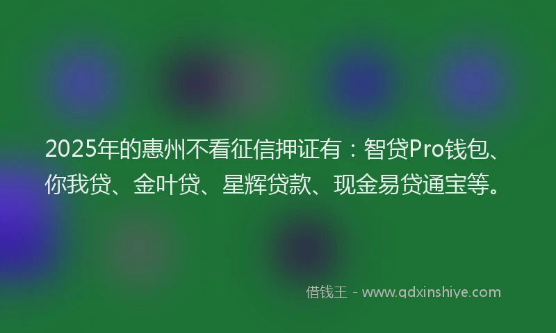 2025年的惠州不看征信押证有：智贷Pro钱包、你我贷、金叶贷、星辉贷款、现金易贷通宝等。