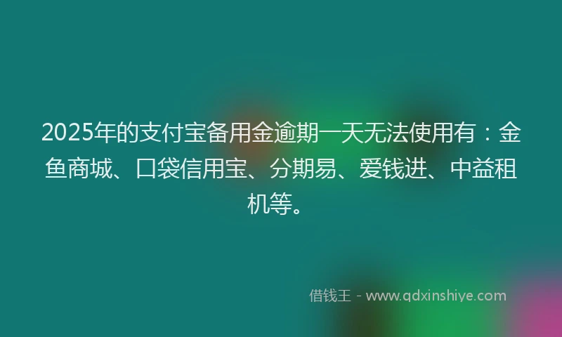 2025年的支付宝备用金逾期一天无法使用有：金鱼商城、口袋信用宝、分期易、爱钱进、中益租机等。