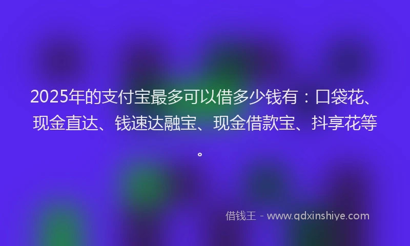 2025年的支付宝最多可以借多少钱有：口袋花、现金直达、钱速达融宝、现金借款宝、抖享花等。