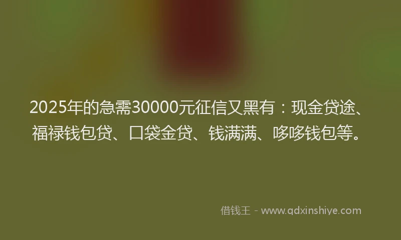 2025年的急需30000元征信又黑有：现金贷途、福禄钱包贷、口袋金贷、钱满满、哆哆钱包等。